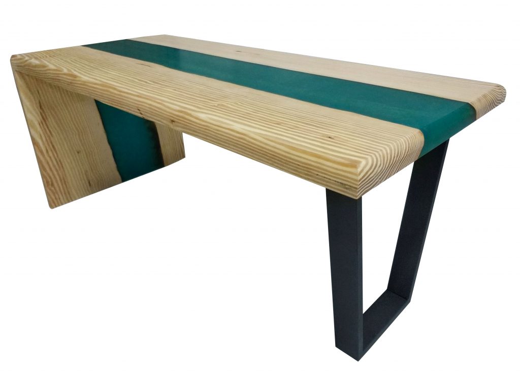 Mesa rio epoxi en cascada madera de pino y resina epoxi verde vista pata